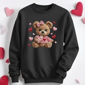 Valentine's Day Sweatshirt Bear hearts Faux Crochet Black New S M L XL Cute soft